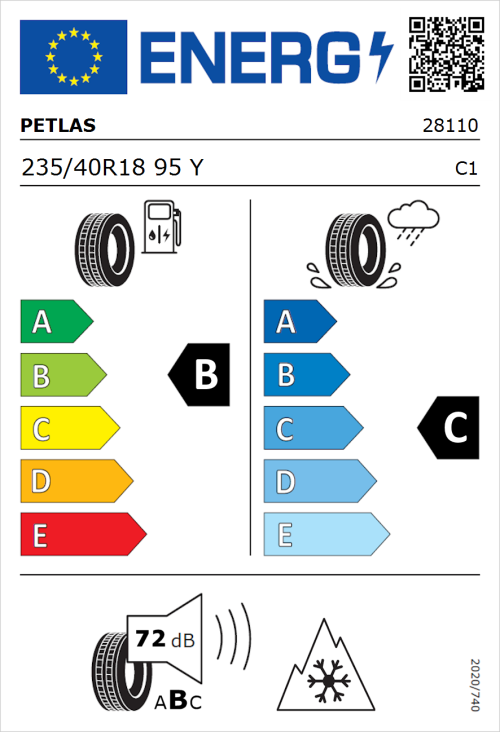 Tyre Label for Petlas Multi Action PT565 235/40R18 95Y